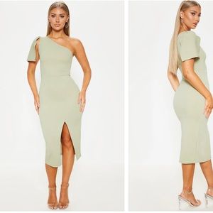 Sage Green One Shoulder Bow Detail Midi Dress